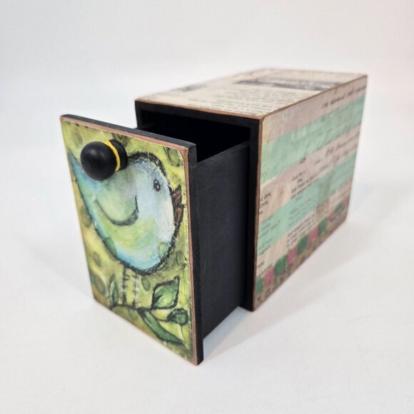 Lisa Kaus Whimsical Bird Print Mini Wooden Drawer Box Desk Storage Collage Words - Picture 2 of 12
